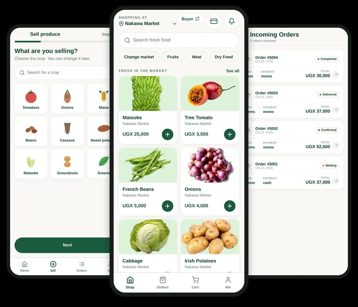 AgriX app screens: selling a crop, shopping a local market, and a vendor's incoming orders