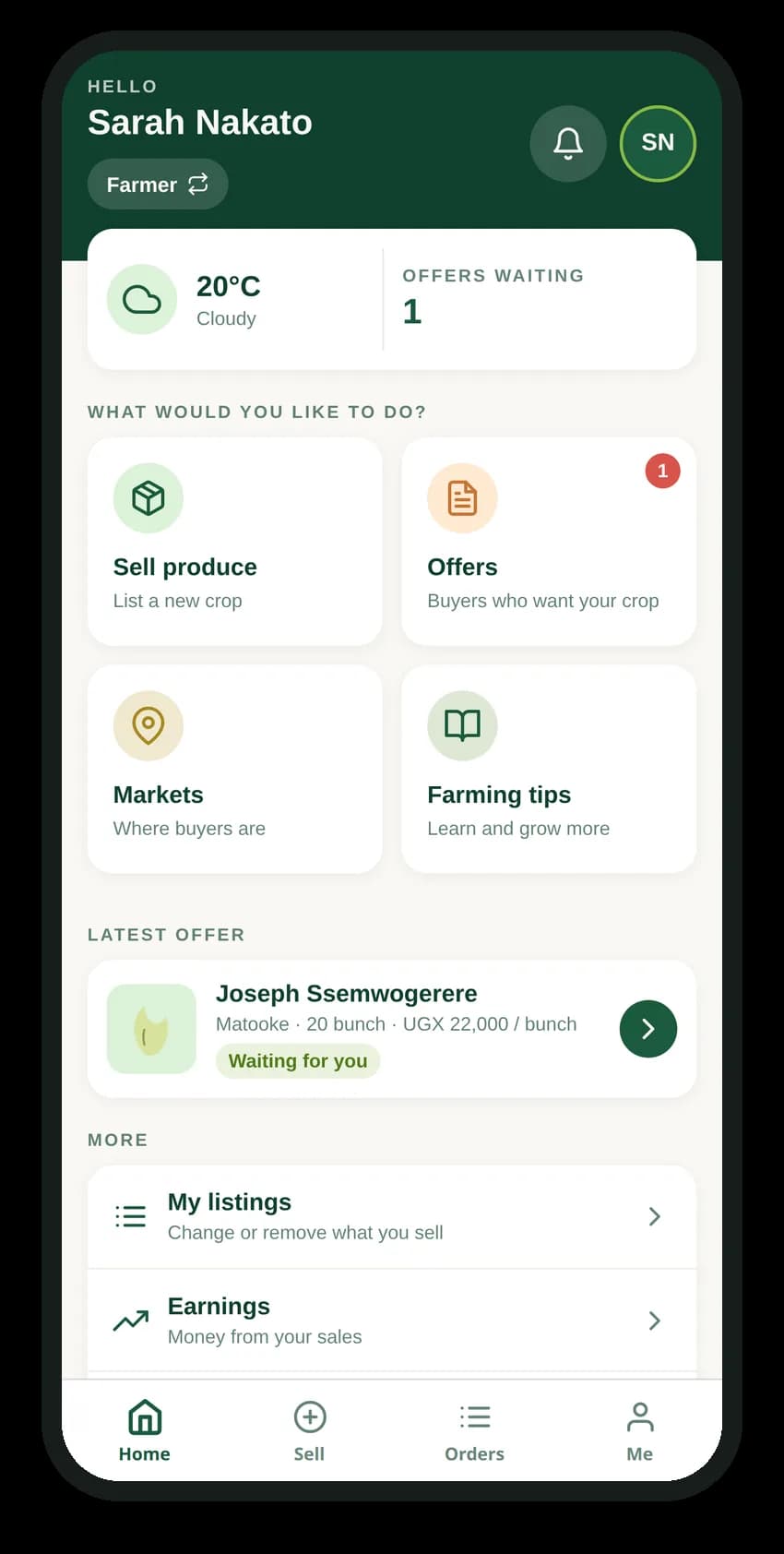 AgriX app farmer home: today's weather, offers from buyers and quick actions to sell produce